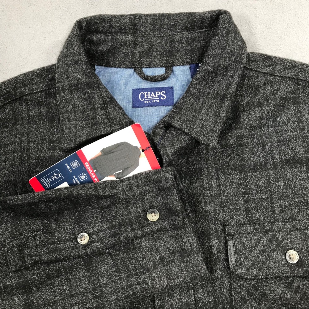 Chaps Flannel Knit Shirt Mens Medium Gray Plaid Stretch Soft Long Sleeve NEW